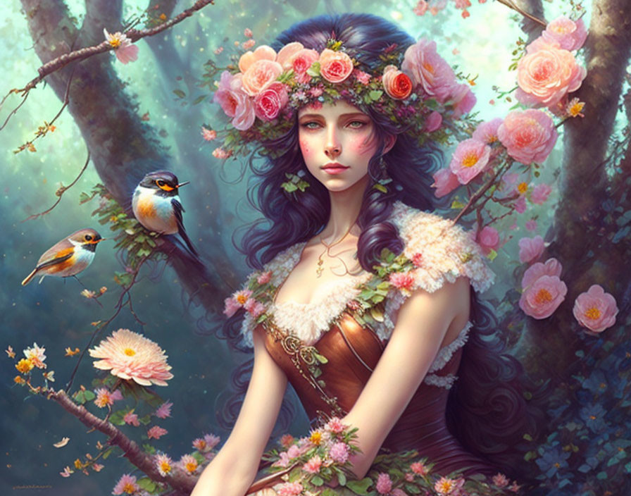 Fantasy-inspired portrait of a woman with floral wreath, blossoms, and birds