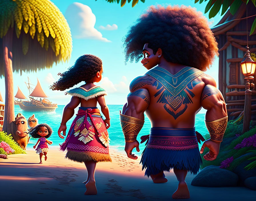 Young girl and muscular man by ocean in animated scene with tropical village and boats.