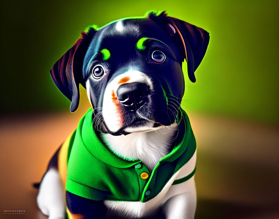 Digital illustration of cute puppy with striking eyes in green shirt on blurred background