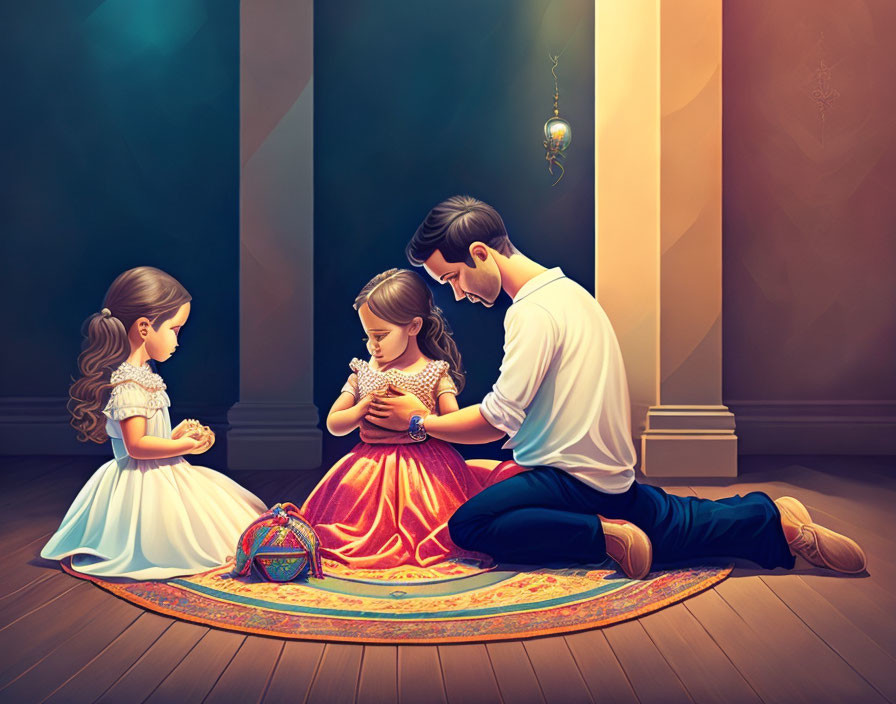 Illustration of man and two girls playing with toys on patterned carpet in classical room