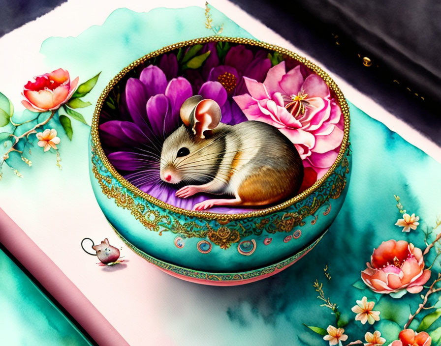 Miniature mouse in turquoise bowl with pink flowers next to tiny mouse on floral paper