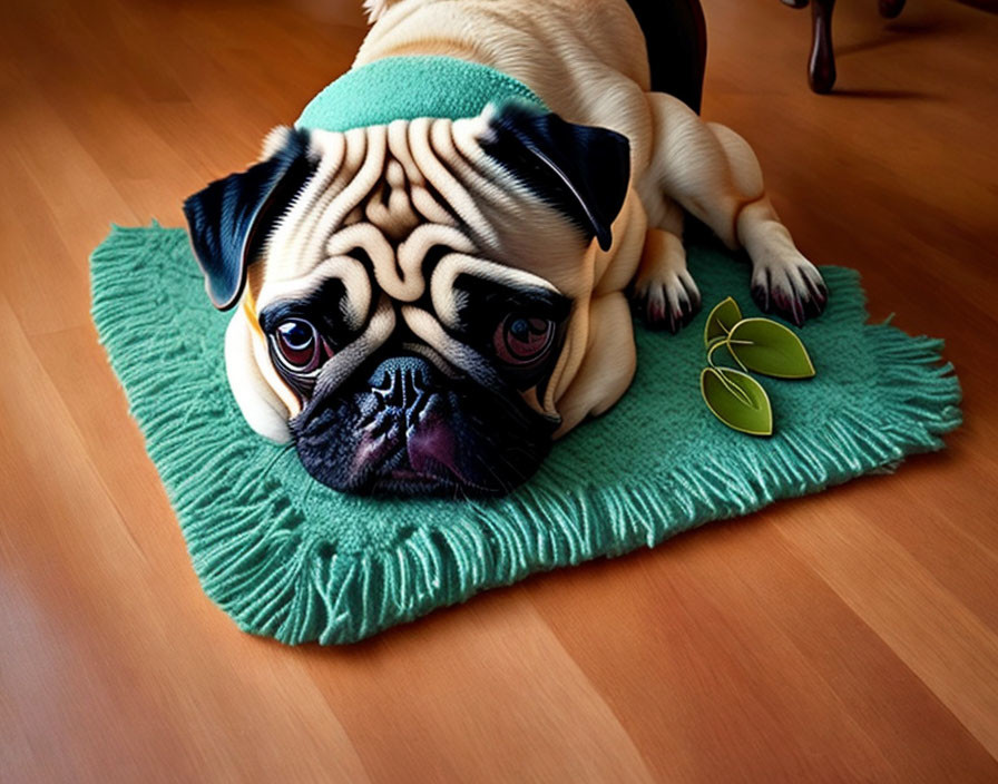 Adorable pug with toy sunglasses on green rug