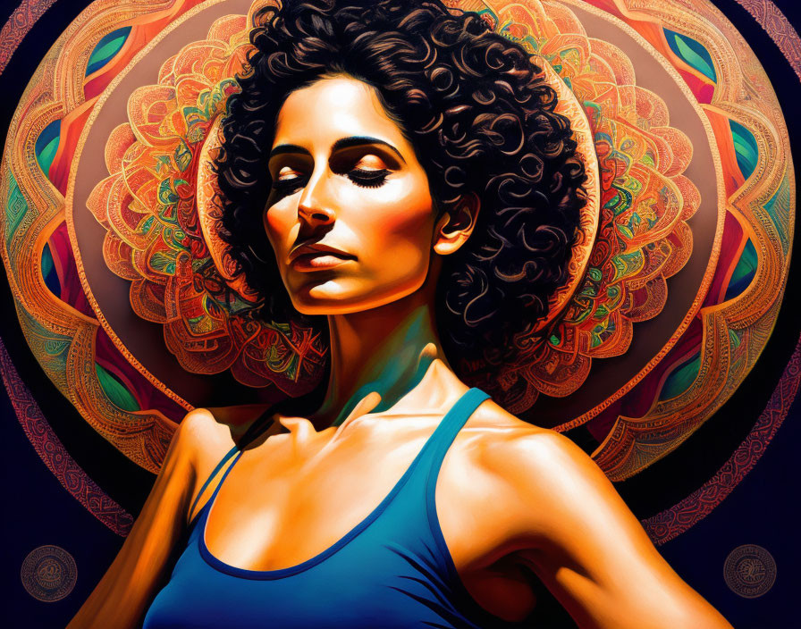 Colorful Stylized Woman Portrait with Curly Hair & Mandala Patterns