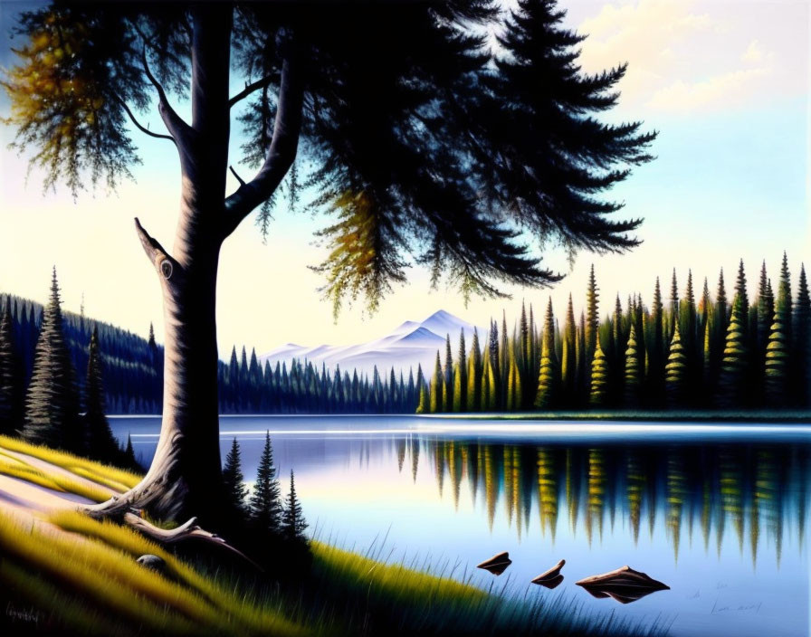 Tranquil landscape: calm lake, evergreen trees, distant mountains, clear sky