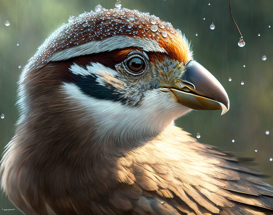 Detailed close-up of bird with dewdrops, striking feathers, and sharp beak in soft sunlight