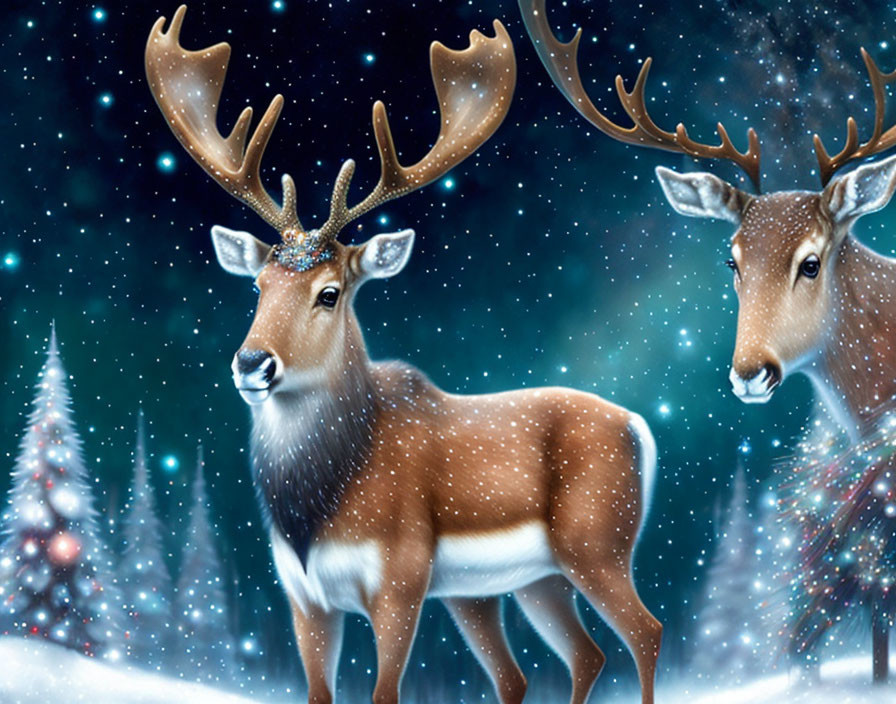 Illustrated reindeer in snowy landscape with trees and falling snowflakes