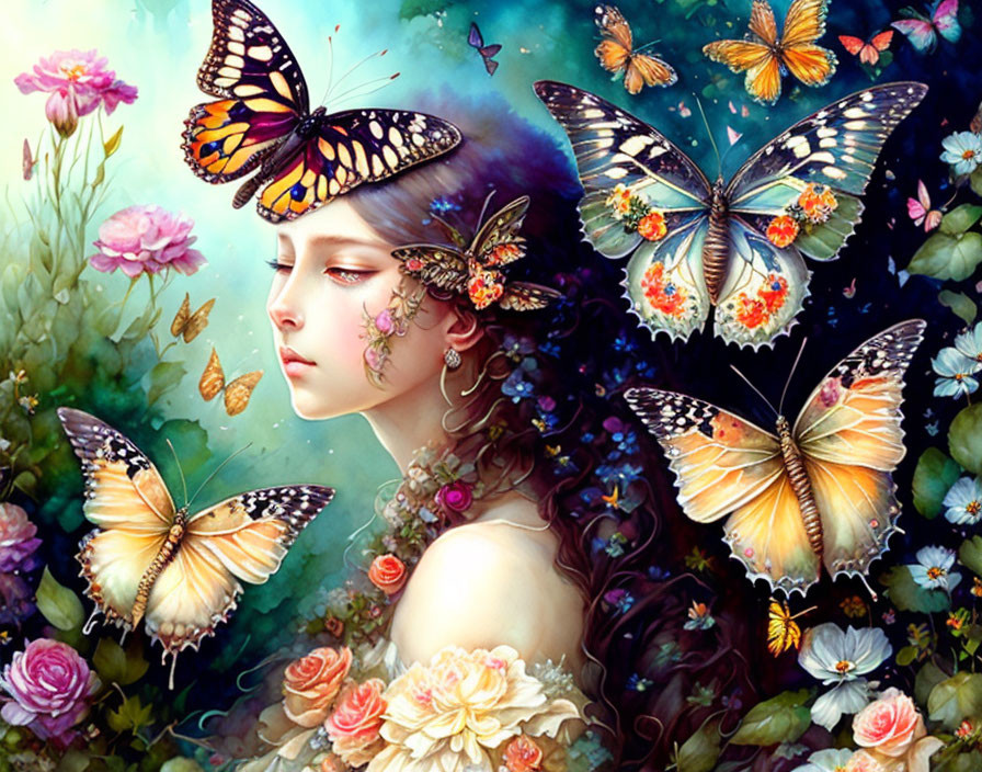 Fantastical portrait of woman with butterflies and flowers