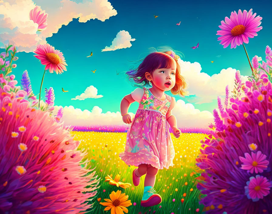 Vibrant field with young girl in pink dress and oversized flowers