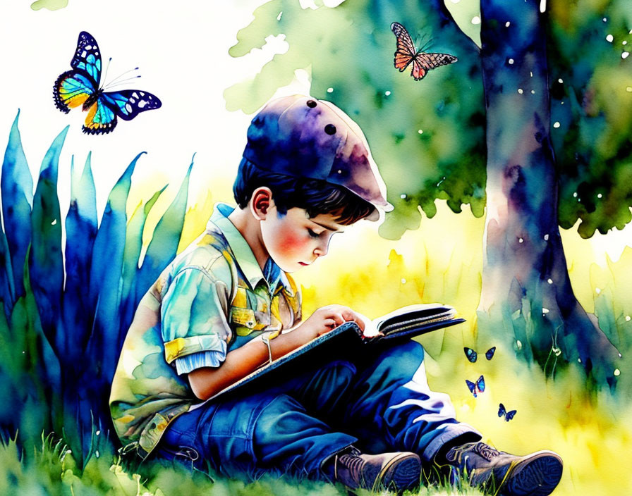 Young boy reading book outdoors surrounded by colorful butterflies and sunlight.