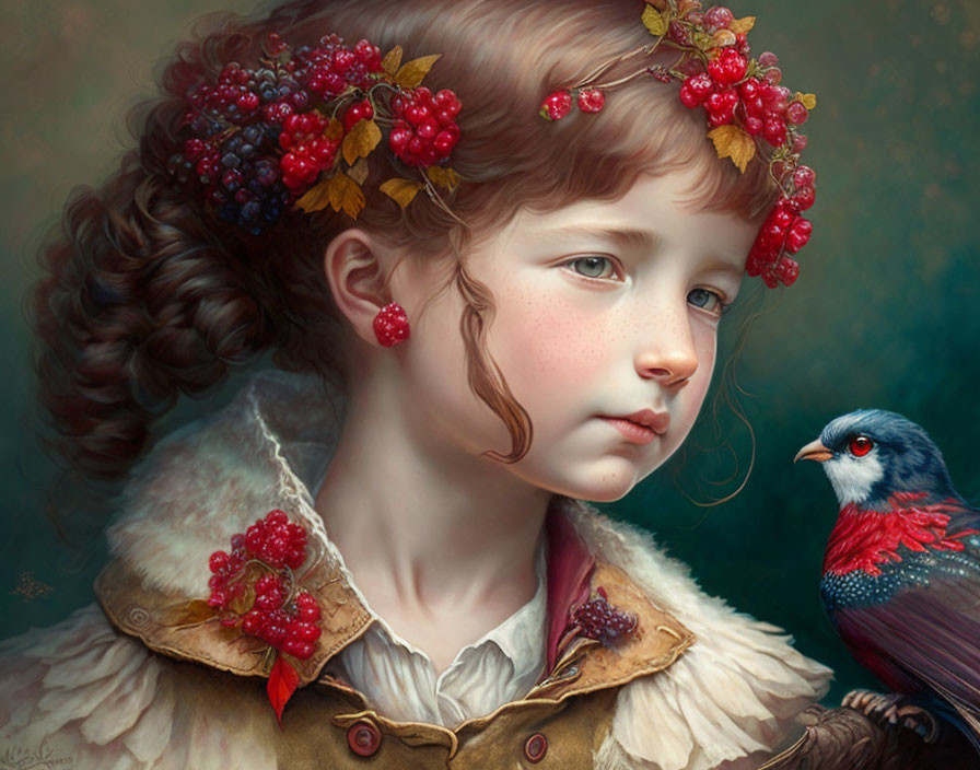 Portrait of young girl with braid and red berries, bird on shoulder