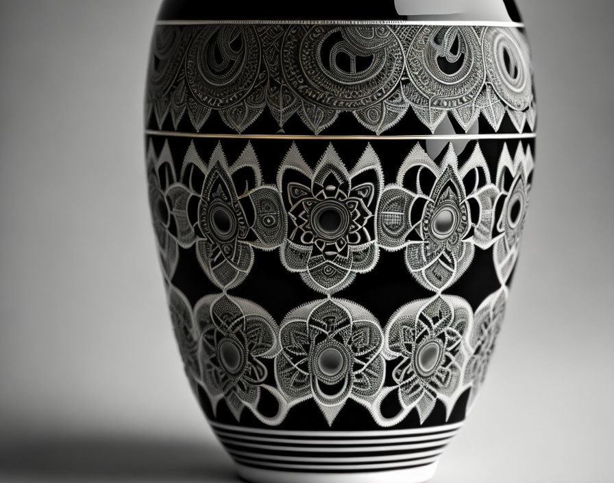 Decorated Vase with Black and White Patterns on Gradient Background