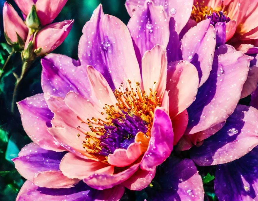 Vibrant Pink Flowers with Water Droplets and Yellow Stamens