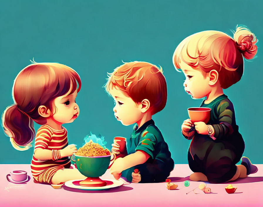 Three children sharing popcorn and drinks at teal table