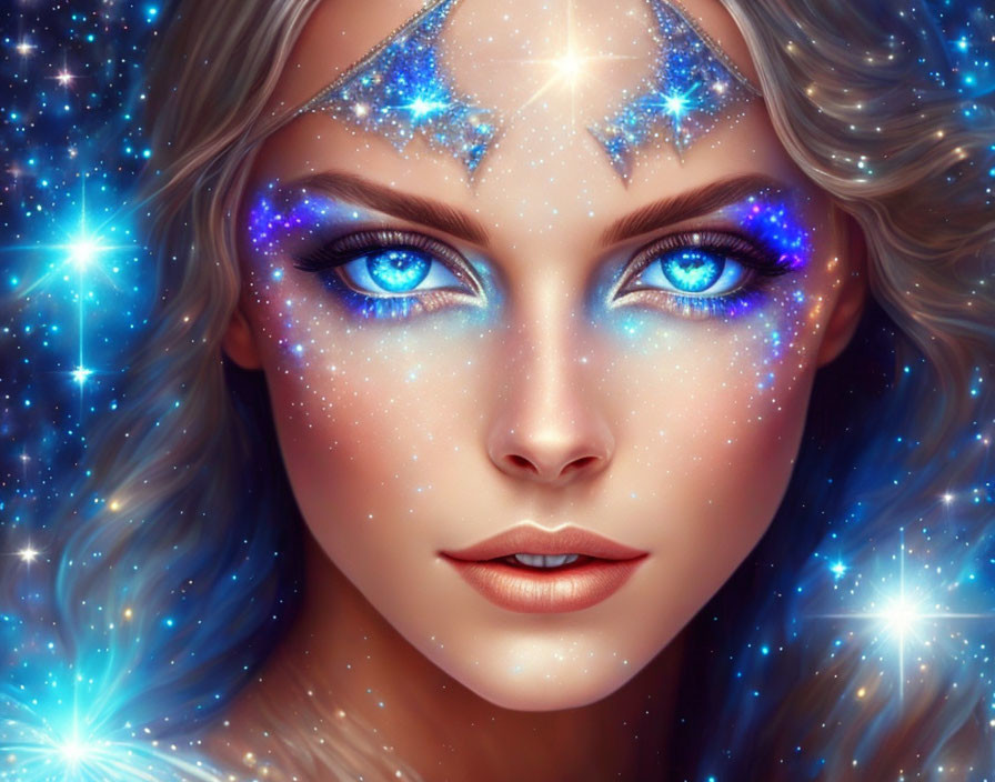 Digital artwork featuring woman with radiant blue eyes and cosmic-themed complexion.