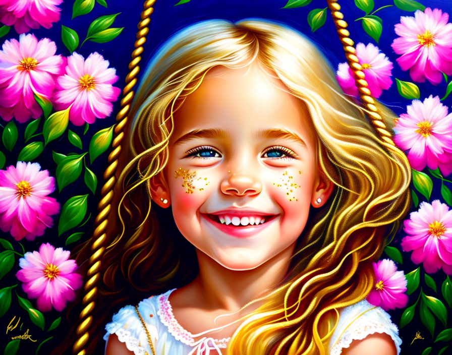 Colorful Illustration of Smiling Girl with Blonde Hair and Pink Flowers