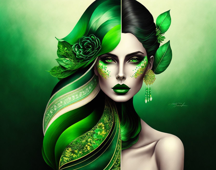 Ethereal woman with green-themed makeup and leafy hair in digital art