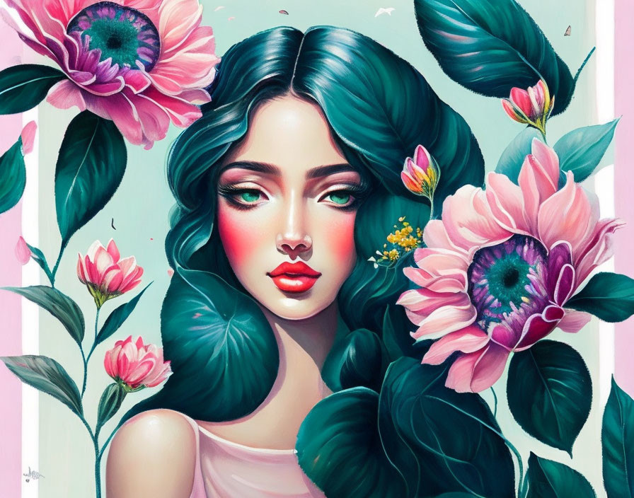 Illustration: Woman with Emerald-Green Hair and Pink Flowers