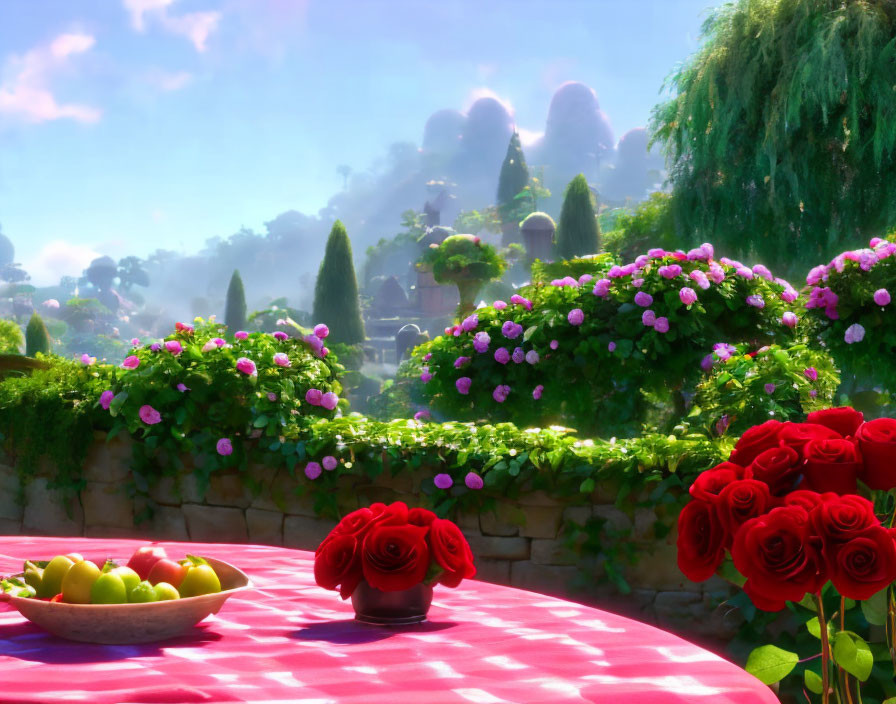 Vibrant garden scene with flowers, roses, fruit bowl, and whimsical trees