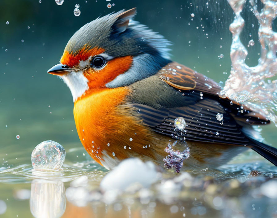 Vibrant orange bird surrounded by water droplets and bubbles