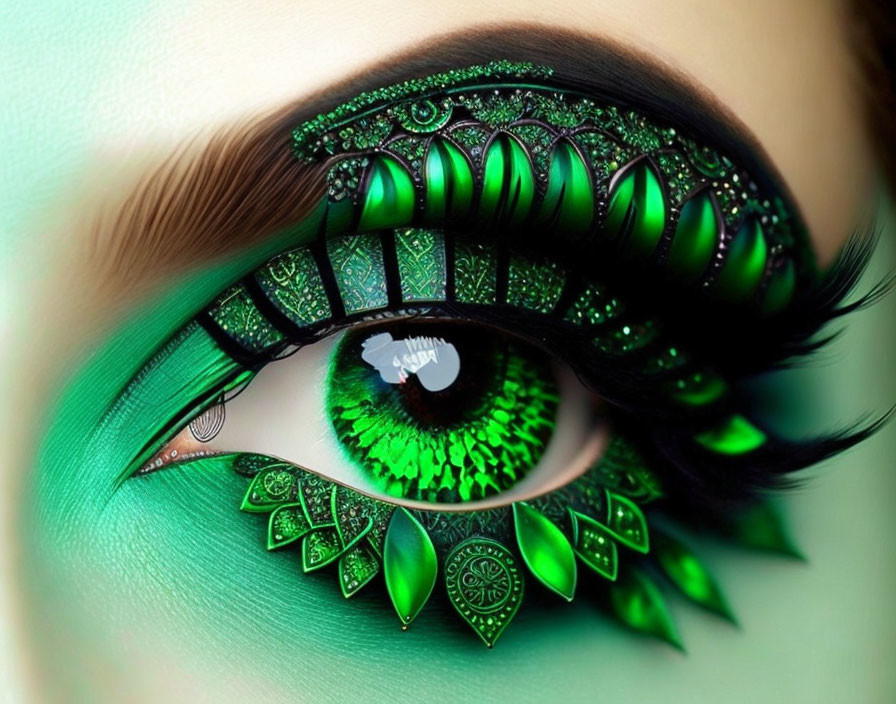 Detailed close-up of vibrant green artistic eye makeup and matching iridescent contact lens