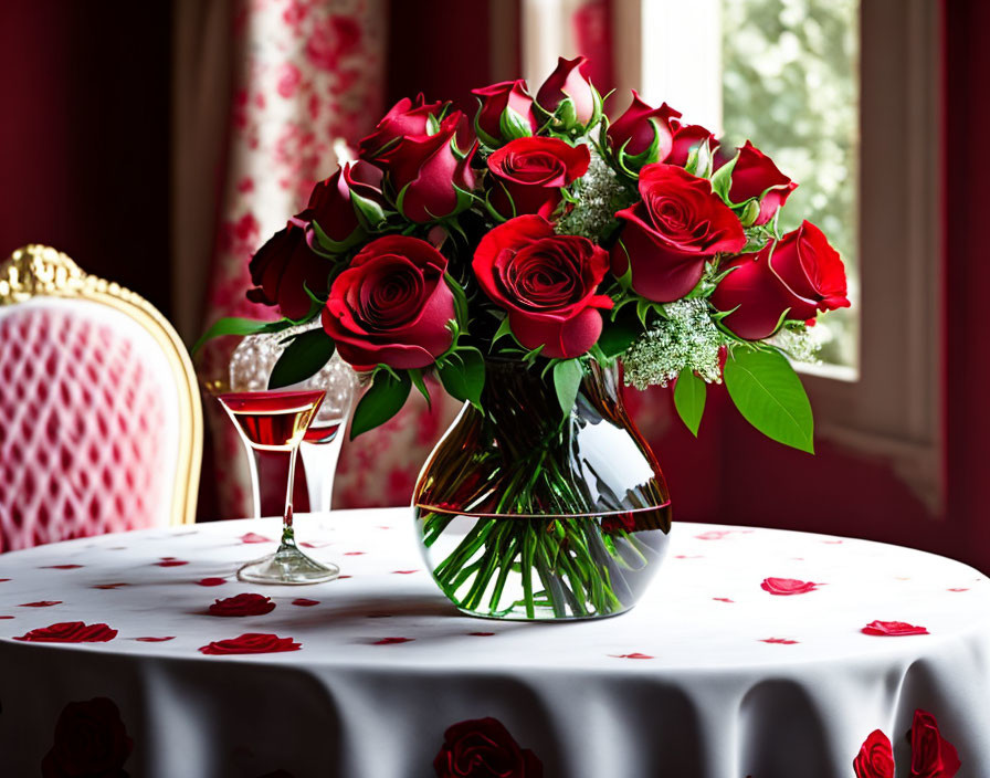 Red Roses Bouquet in Clear Vase on White Tablecloth with Martini Glass and Red Drapes