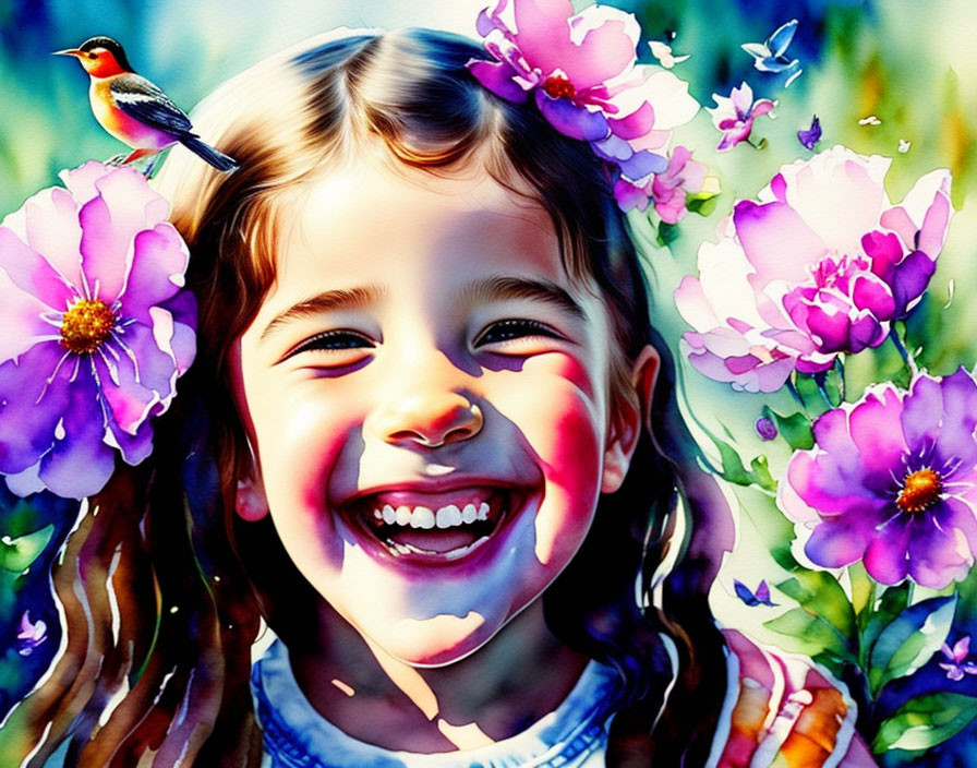 Smiling girl surrounded by purple flowers and bird