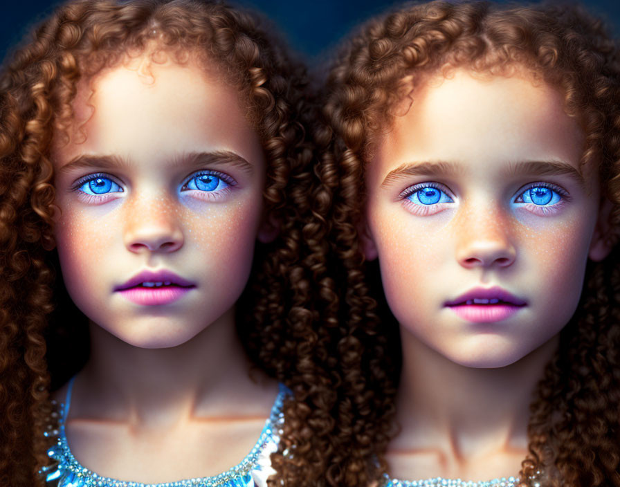 Identical twin girls with curly hair and blue eyes in warm lighting