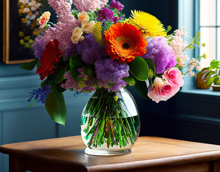 Colorful Mixed Flower Bouquet in Glass Vase on Wooden Table