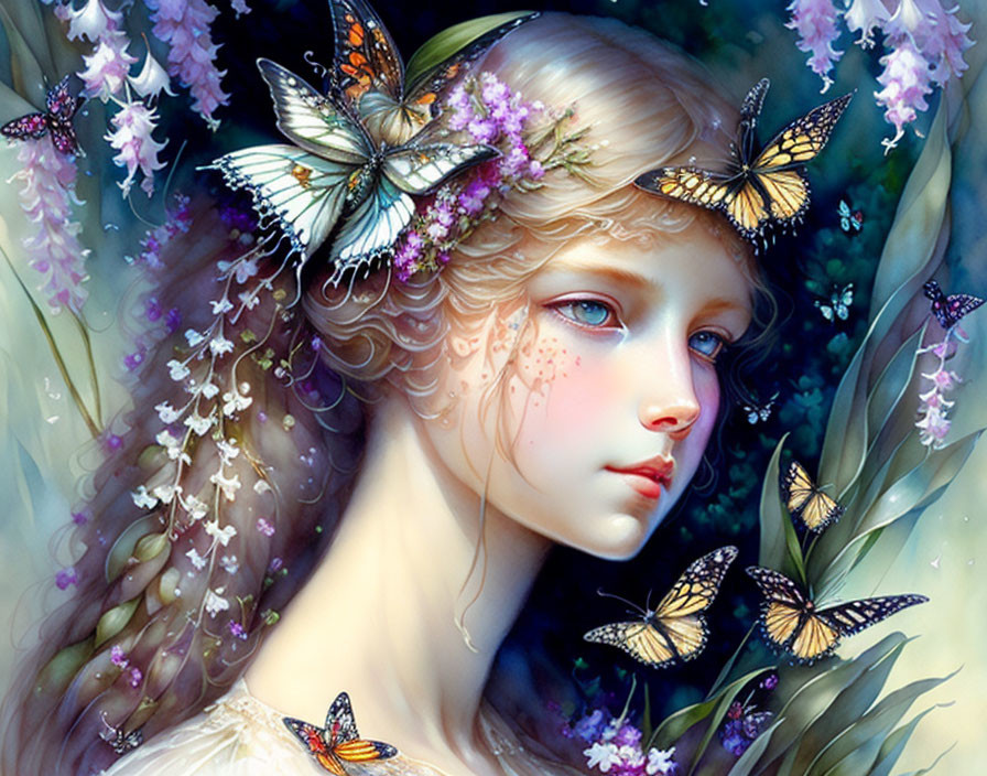 Fantasy illustration: Young woman with blonde hair, flowers, butterflies, delicate colors.