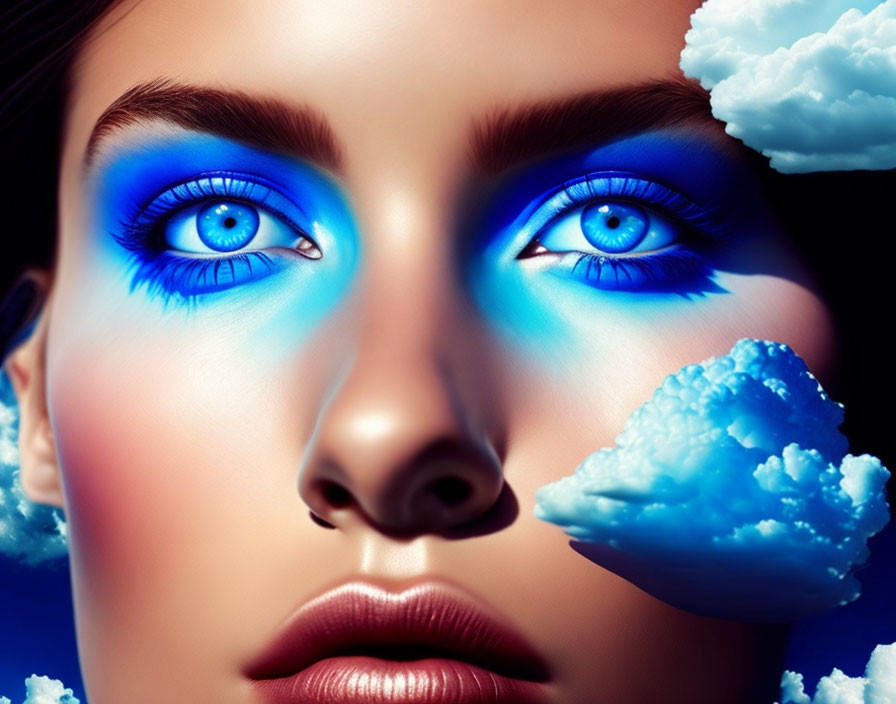 Close-up of woman's face with striking blue eyes and cloud reflections in irises against deep blue sky