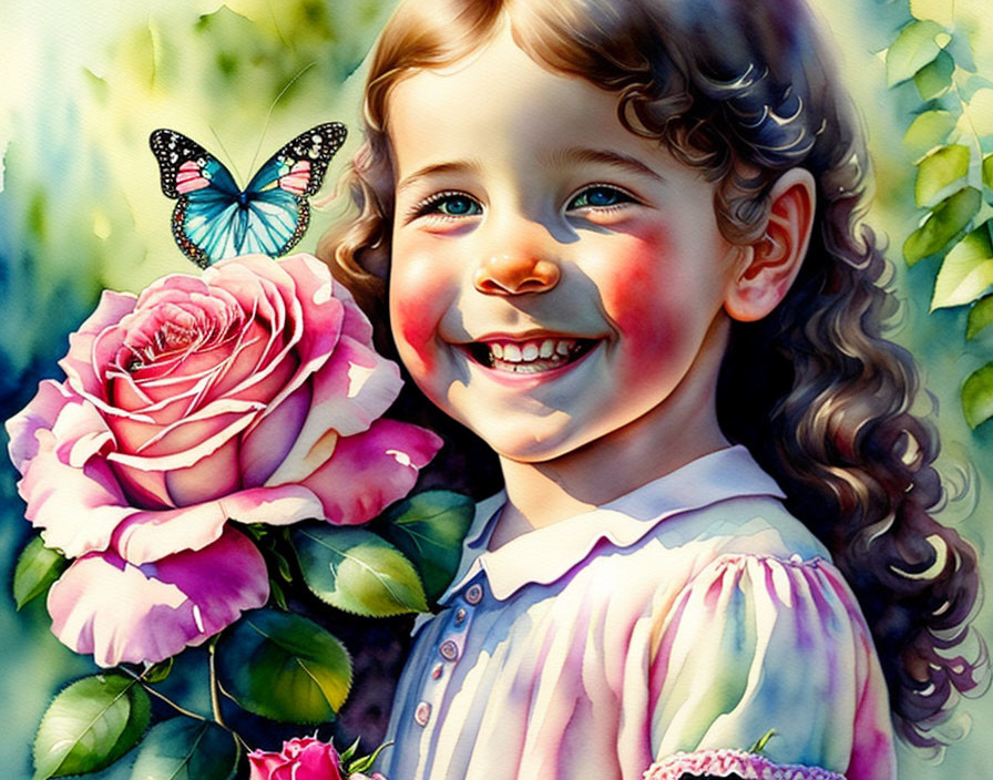 Young girl with curly hair holding pink rose and blue butterfly on foliage backdrop