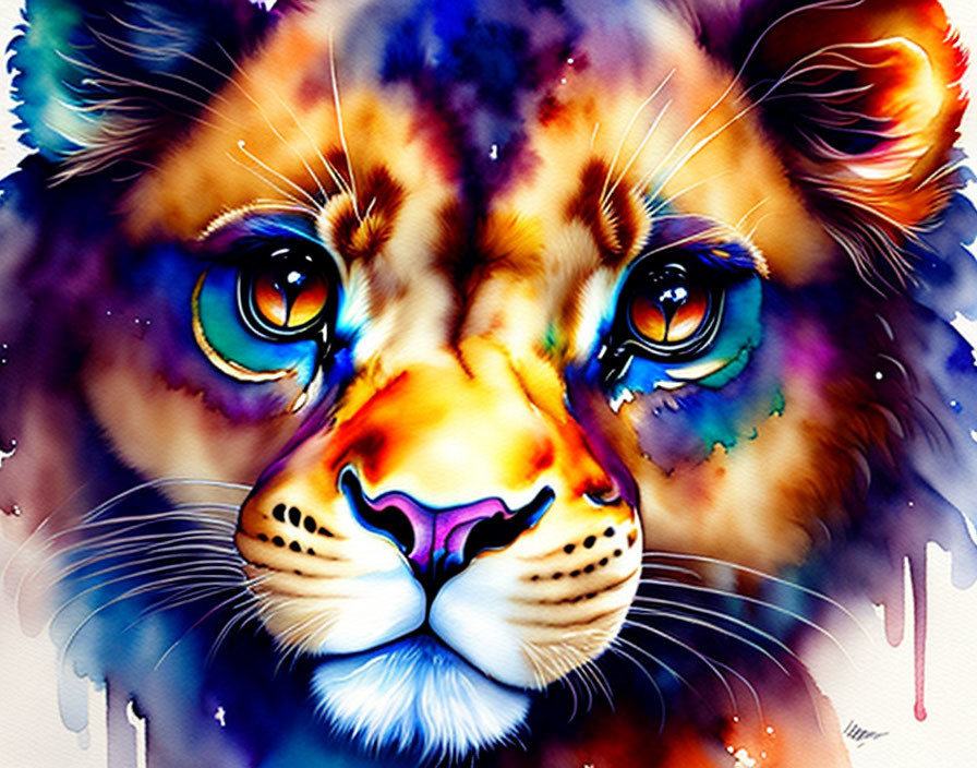 Colorful Watercolor Painting of Lion Cub with Multicolored Face and Blue Eyes