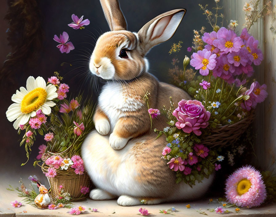 Detailed painting: Cute rabbit with flowers, tiny bunny, and butterflies