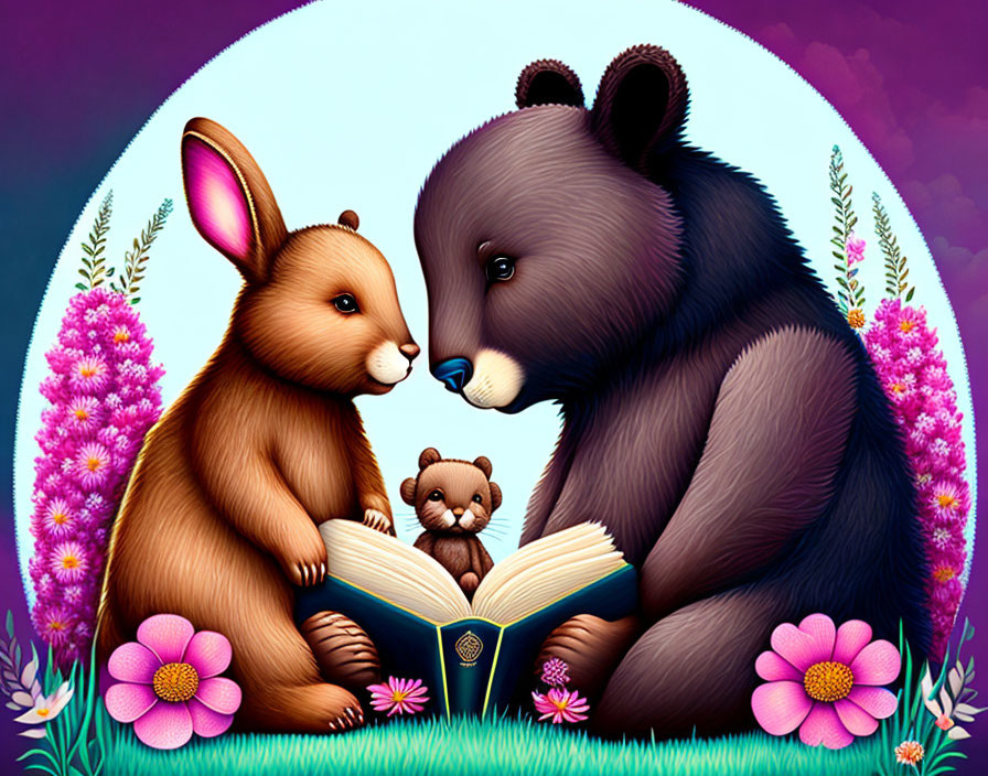 Illustration of bear, bunny, and cub reading book in colorful floral setting