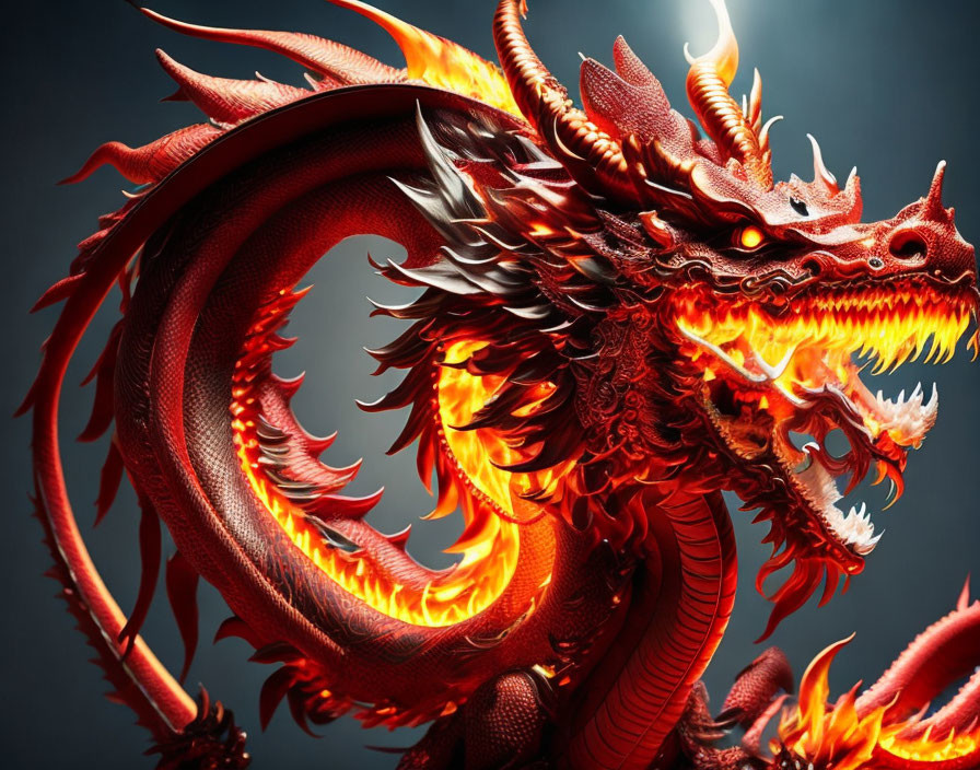 Red Dragon with Intricate Scales and Glowing Eyes Breathing Fire