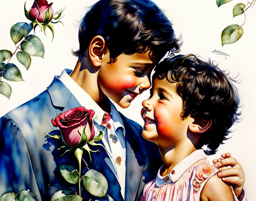 Smiling boy in blue suit offers red rose to happy girl in pink dress