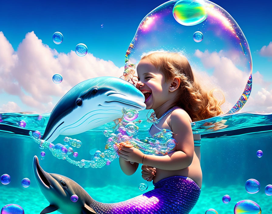 Young girl with mermaid tail playing with dolphins in colorful bubbles