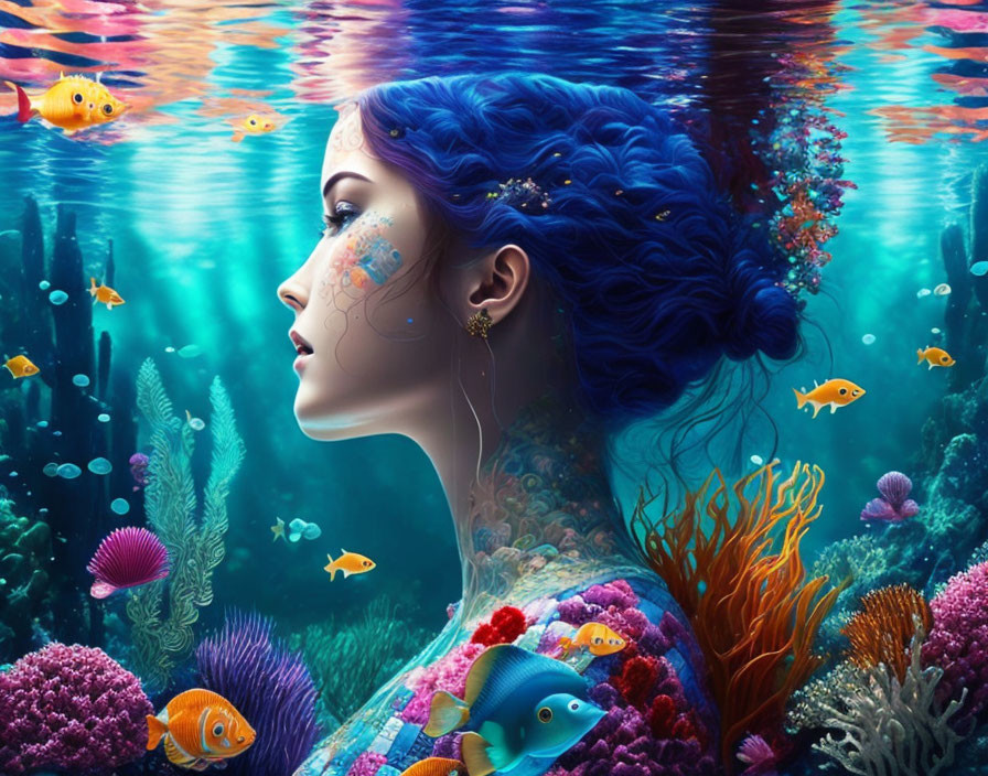 Vibrant digital artwork: woman with blue hair, tattoos, fish in underwater scene