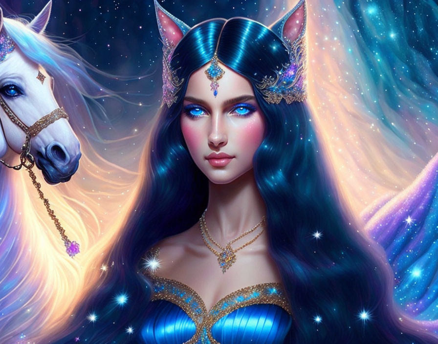 Fantasy illustration of woman with elf-like ears and blue eyes with white unicorn under starry sky