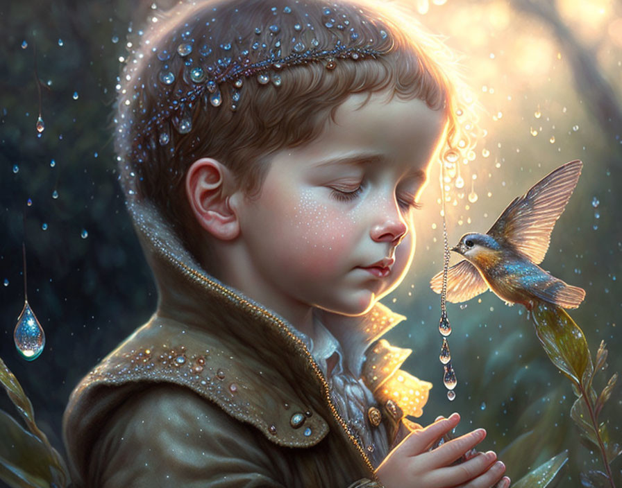 Child with dewy hair and hummingbird in enchanted forest scene