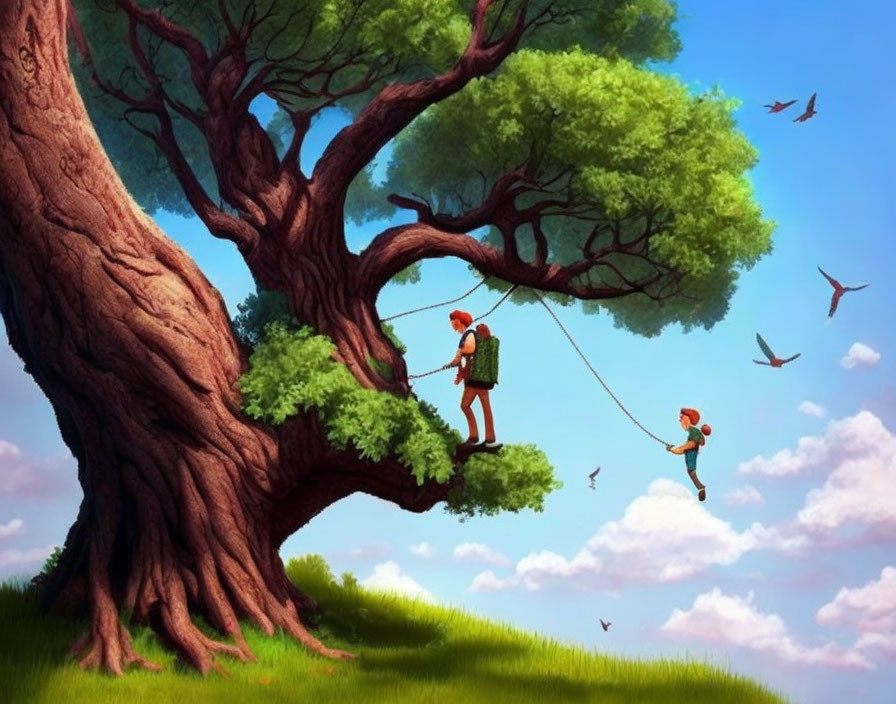 Children playing on swing under tree with birds on sunny day