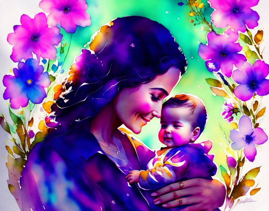 Vibrant illustration: Smiling woman holding baby in floral setting