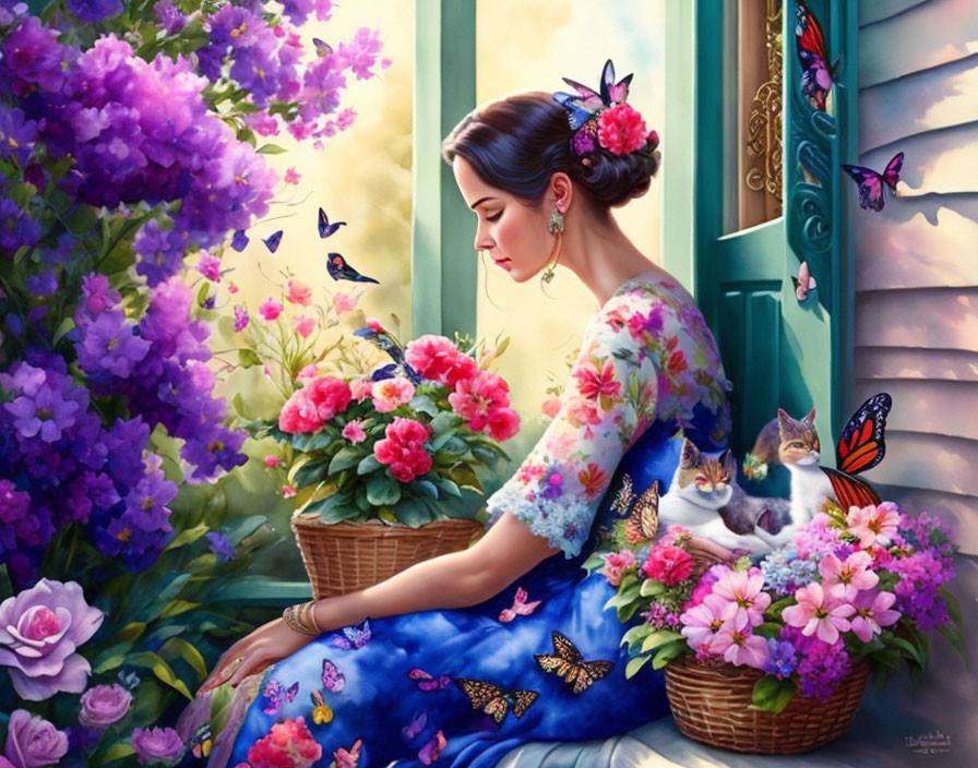 Woman in Blue Floral Dress Surrounded by Flowers, Butterflies, and Kittens