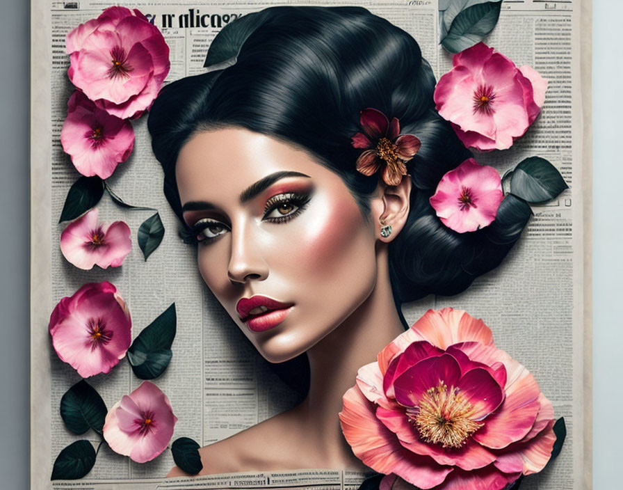 Portrait of Woman with Dark Hair and Makeup Surrounded by Pink Flowers on Newspaper Background