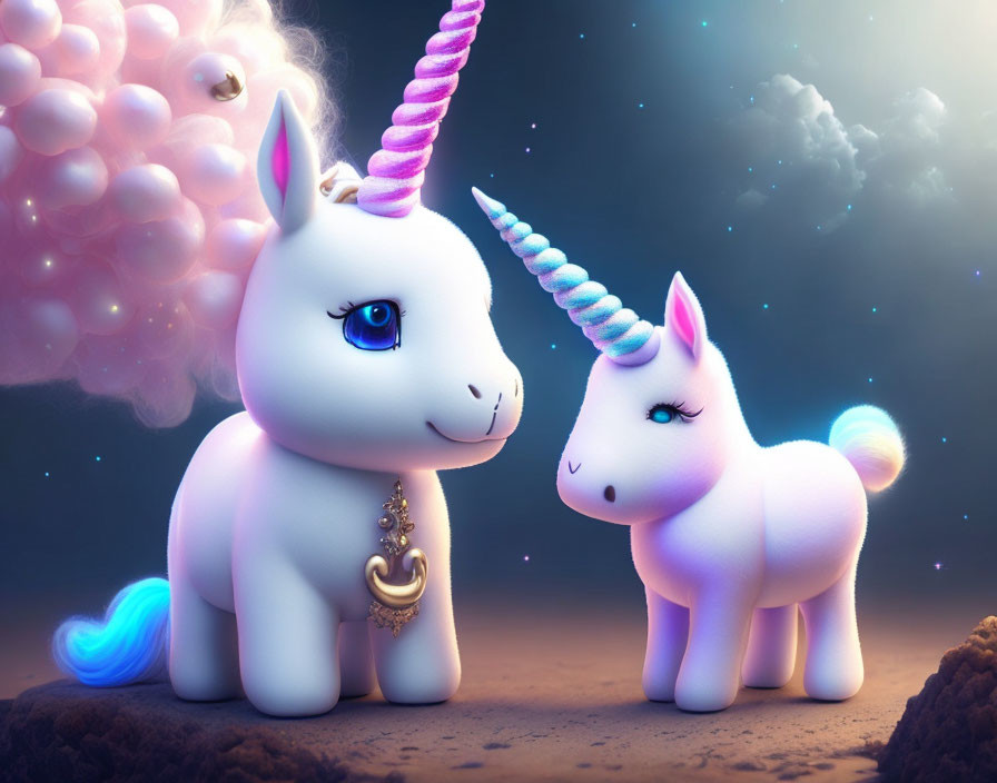 Whimsical stylized unicorns with vibrant horns under starry sky