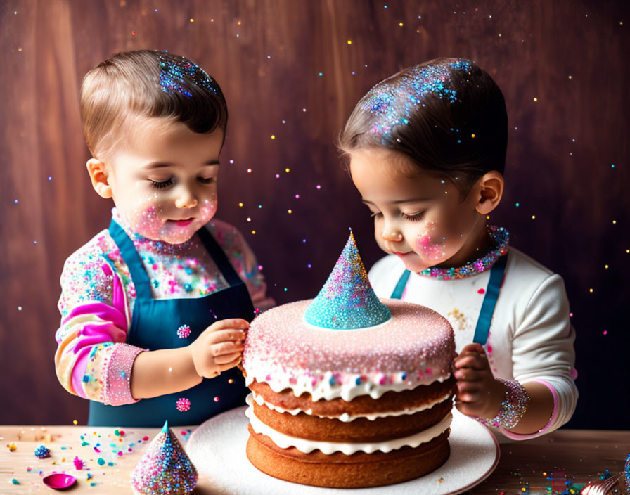 Two toddlers admiring sprinkle-covered cake with party hat in whimsical backdrop
