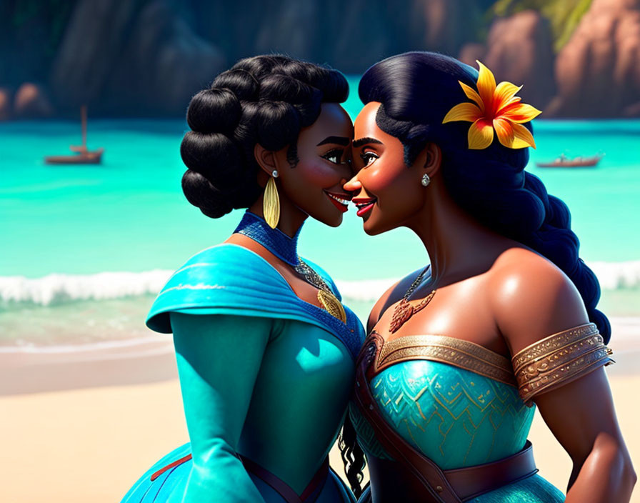 Animated female characters with elegant hairdos in tropical attire touching foreheads on beach background.