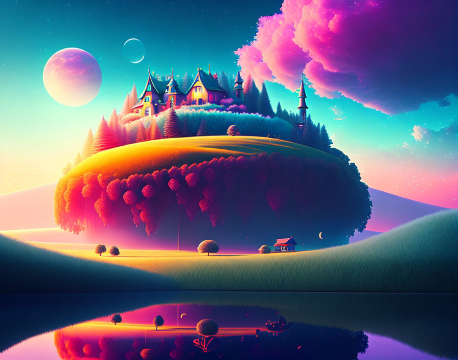 Vibrant castle in whimsical landscape with multiple moons reflected in serene water