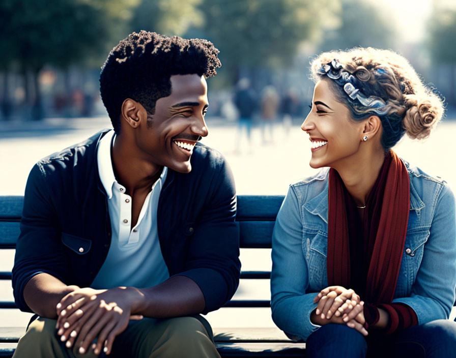 Man and woman smiling on bench under sunlight with trees in background