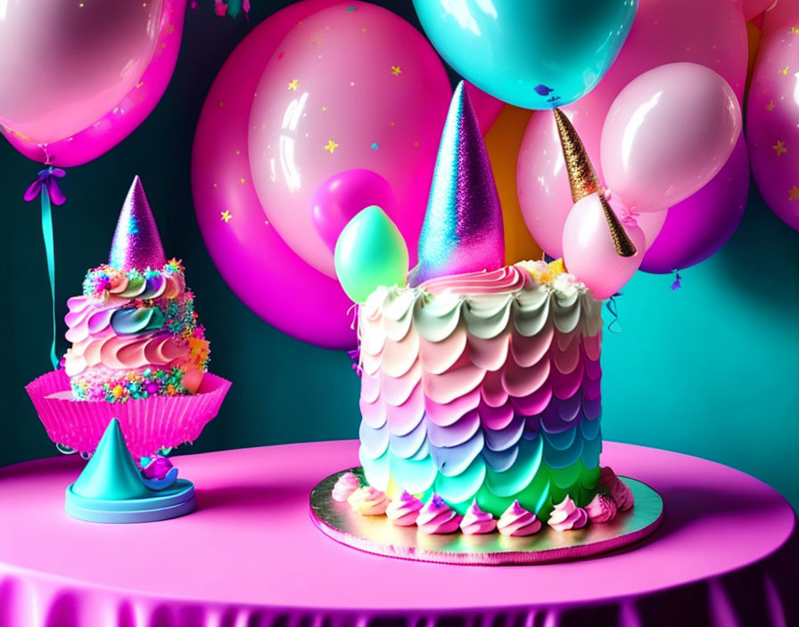 Colorful Birthday Scene with Unicorn Cake & Balloons